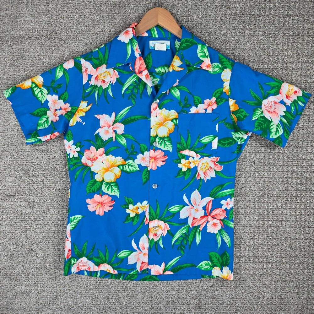 Vintage 70s Penneys Hawaii Mens Blue Floral Hibiscus Short Sleeve Button Shirt L